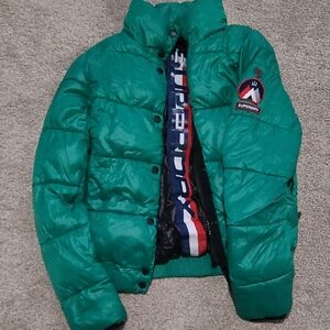 Superdry High Shine Toya Bomber Puffer Jacket - Bosphorus Green - Size 4 Small
